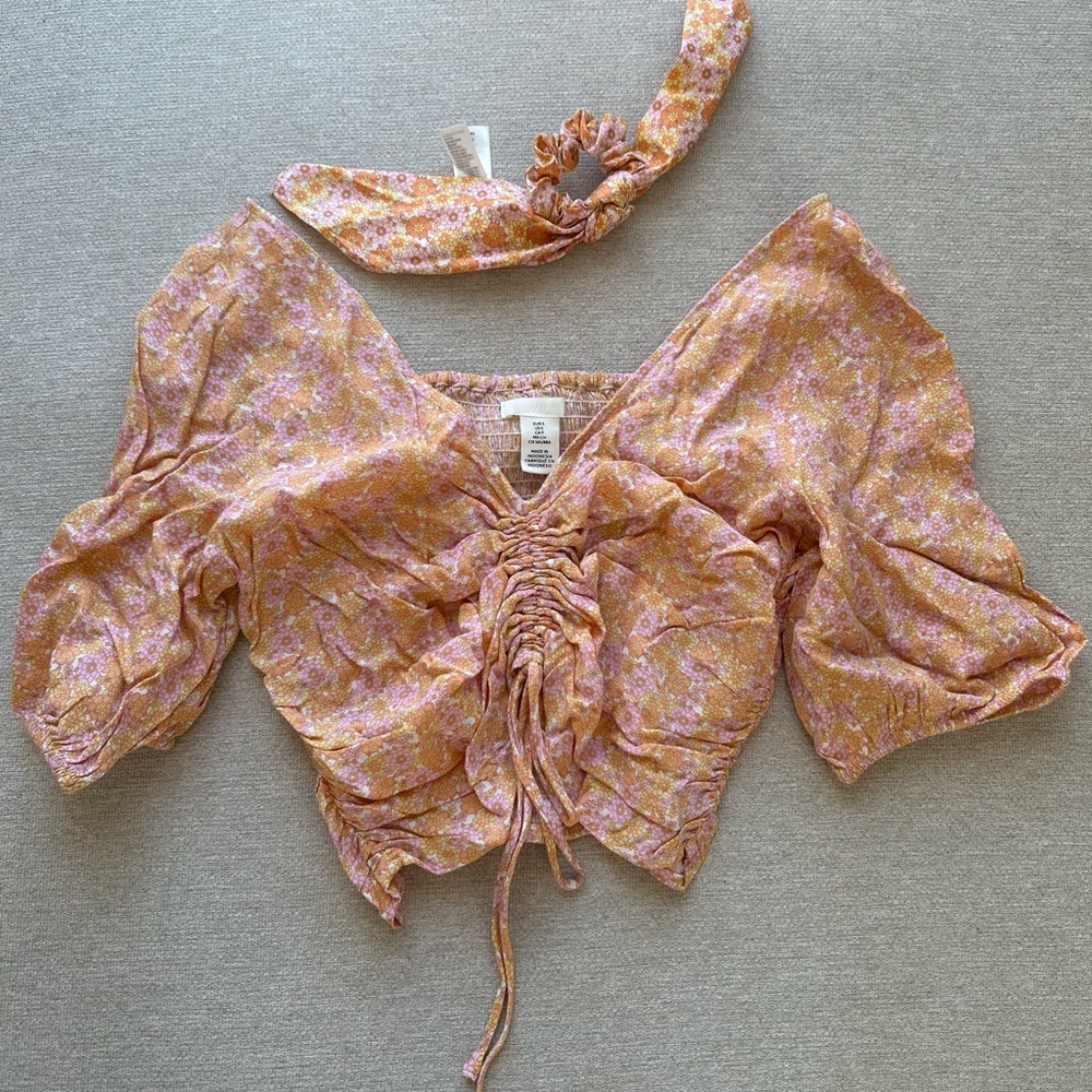 H&M Floral Ruched Pink Top with Scrunchy